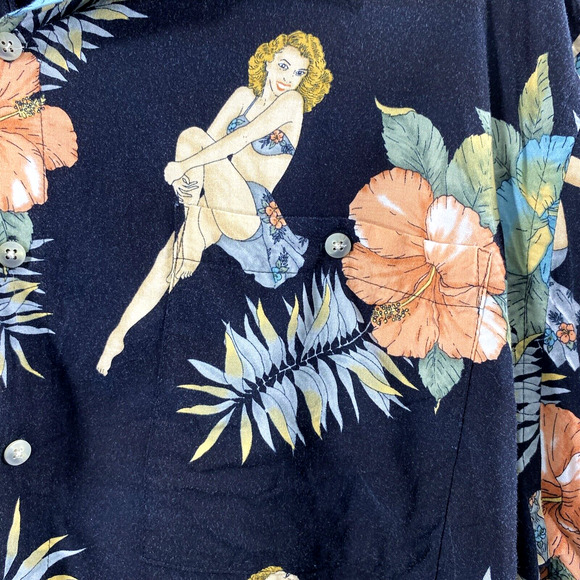 Pierre Cardin Hawaiian Shirt Mens XL Black Tropical Floral Sexy Lady Button Down - Picture 3 of 9